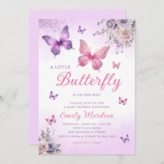 Boho蝶ガールベビーシャワーパープルフローラピンク 招待状 (正面/裏面)