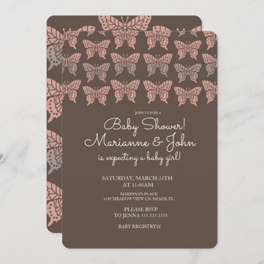 Boho蝶ピンクと茶色の赤ちゃんシャワー 招待状 (正面/裏面)