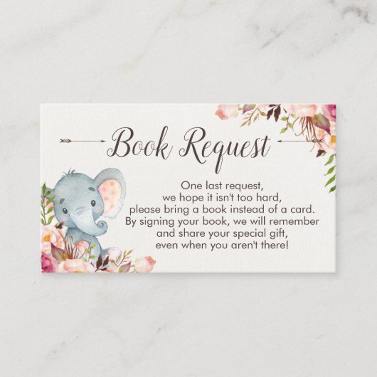 Boho象のベビーシャワーの本の要求挿入物 エンクロージャーカード (正面)
