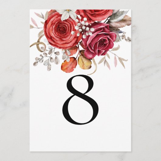 Boho赤い秋の花模様テーブル番号 (正面)