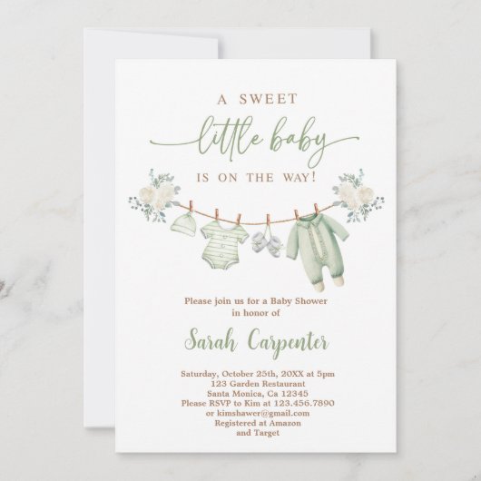 Boho赤ちゃんシャワー少年、セージ緑の赤ちゃん服 招待状 (正面)