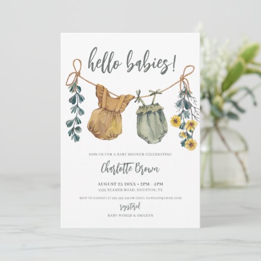 Boho赤ちゃん服の花写真双子赤ちゃんシャワー 招待状 (スタンド正面)