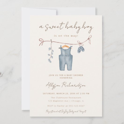 Boho赤ちゃん服甘い男の赤ちゃん赤ちゃんシャワー 招待状 (正面)