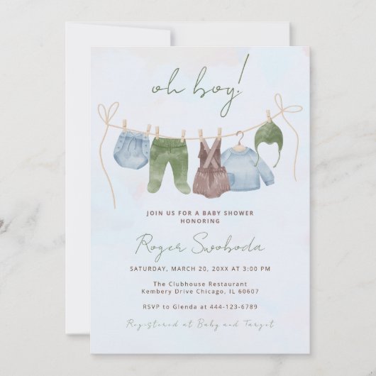 Boho赤ちゃん服甘い男の赤ちゃん赤ちゃんシャワー 招待状 (正面)