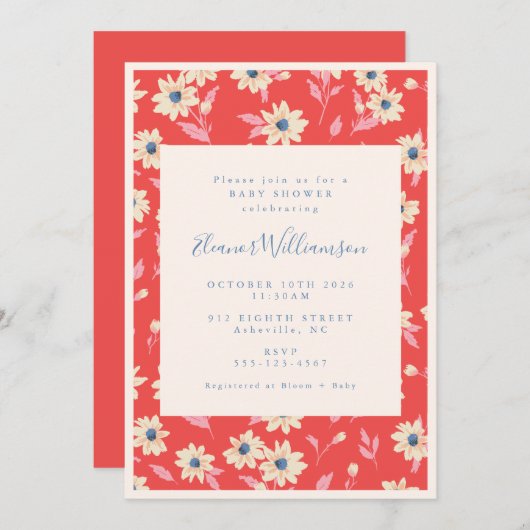 Boho赤と青のフローラベビーシャワー 招待状 (正面/裏面)