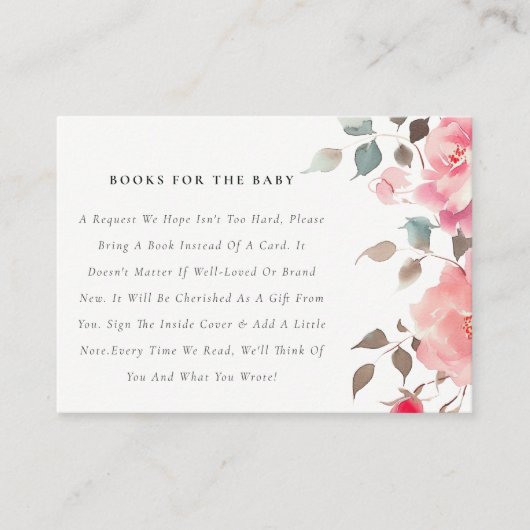 Boho赤ピンクのバラ花の本ベイビーシャワー エンクロージャーカード (正面)