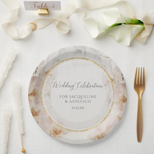 BOHO赤面オーキッドフラワーズフローラ結婚金ゴールドズ ペーパープレート (ウェディング)