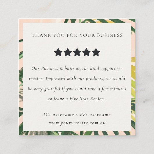 Boho赤面グリーントロピカルパームリーフレビューのリクエスト スクエア名刺 (裏面)