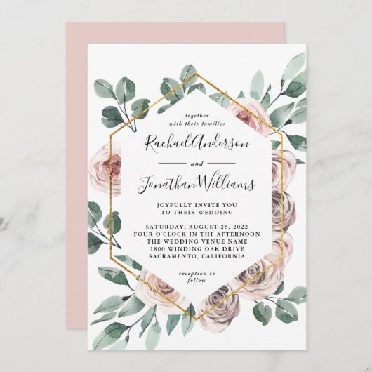 Boho赤面バラフローラ(幾何学模様) 招待状 (正面/裏面)