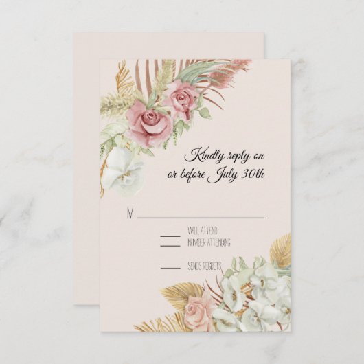 BOHO赤面パンパスベリーパームバラリースRSVP 出欠カード (正面/裏面)