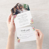 Boho赤面ピンクフローラ水彩写真結婚ズ オールインワン招待状 (貼ってはがせる)
