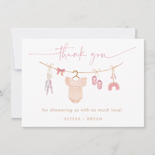 Boho赤面ピンクベビー衣女の子ベビーシャワー サンキューカード (正面)