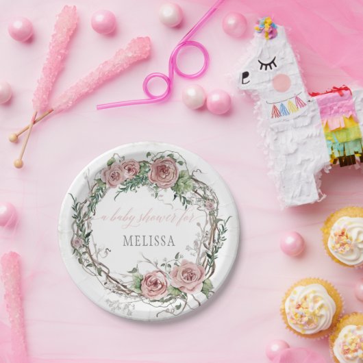 BOHO赤面ピンクローズフローラベビーガールシャワー ペーパープレート (パーティー)