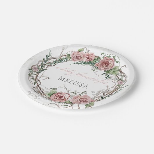 BOHO赤面ピンクローズフローラベビーガールシャワー ペーパープレート (アングル)