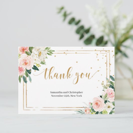 Boho赤面ピンク花フェイク金ゴールド幾何学模様 サンキューカード (スタンド正面)