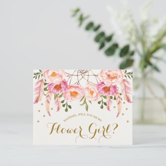 Boho赤面ピンク花模様フラワーガール提案カード ポストカード (スタンド正面)