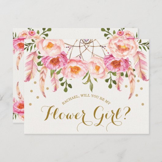 Boho赤面ピンク花模様フラワーガール提案カード ポストカード (正面/裏面)