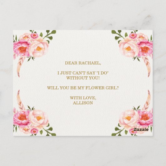 Boho赤面ピンク花模様フラワーガール提案カード ポストカード (裏面)