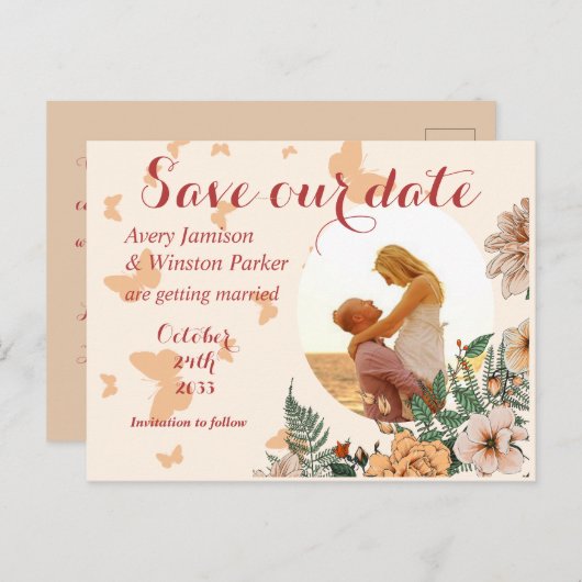 Boho赤面フォトフローラバター日付を保存 案内ポストカード (正面/裏面)