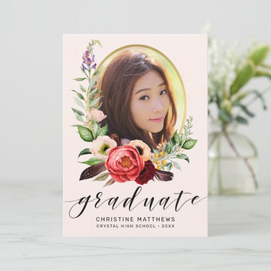 Boho赤面フローラフォトブラックスクリプト卒業 案内状 (スタンド正面)