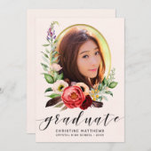 Boho赤面フローラフォトブラックスクリプト卒業 案内状 (正面/裏面)