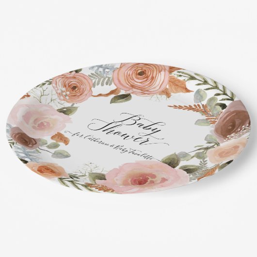 BOHO赤面フローラ水彩リースベビーシャワー ペーパープレート (アングル)