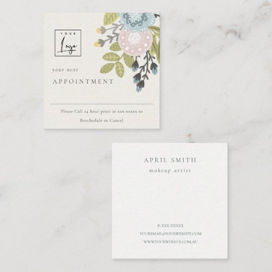 Boho赤面ブルーフローラロゴアポイントメントアラーム スクエア名刺 (正面/裏面)