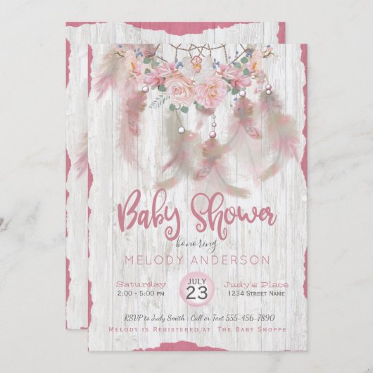 BOHO部族フローラドリームキャッチャーピンク赤ちゃんシャワー 招待状 (正面/裏面)