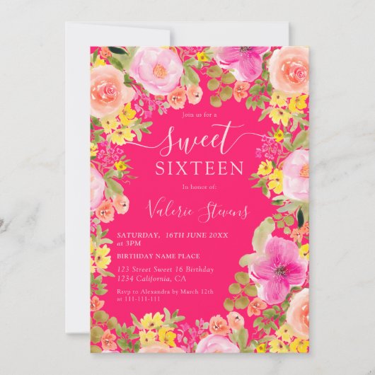 Boho野生の花の庭の水色甘い16ピンク 招待状 (正面)