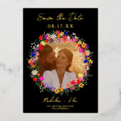 Boho野生の花2写真結婚式の日付を保存 箔招待状 (正面)