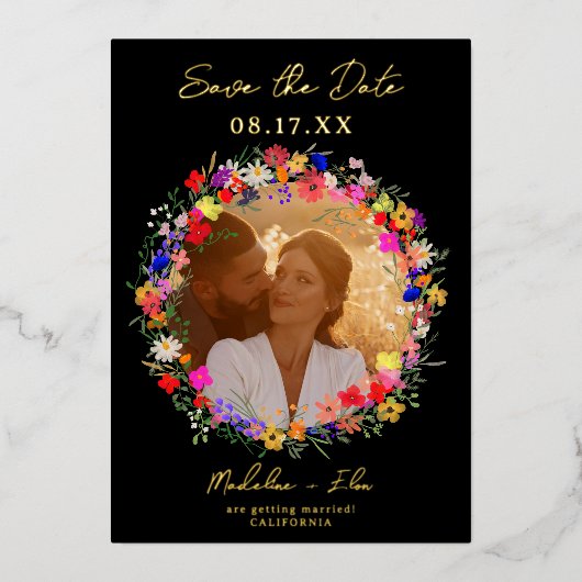 Boho野生の花2写真結婚式の日付を保存 箔招待状 (正面)