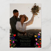 Boho野生の花2写真結婚式の日付を保存 箔招待状 (裏面)