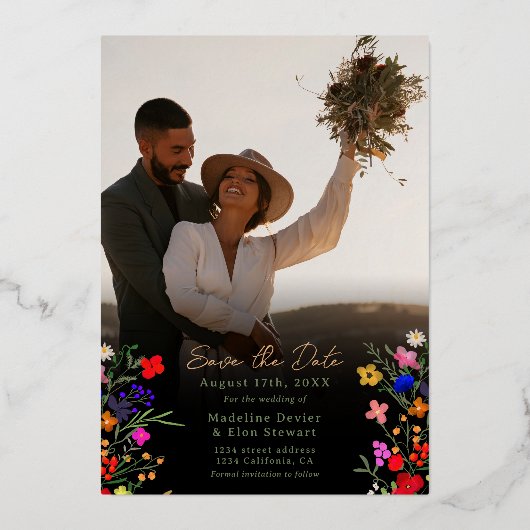 Boho野生の花2写真結婚式の日付を保存 箔招待状 (裏面)