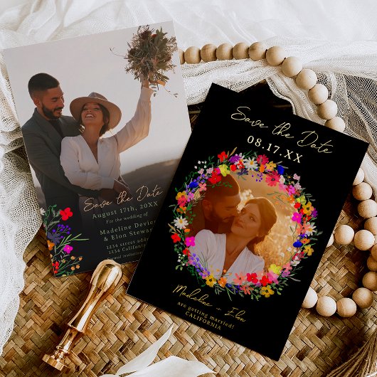 Boho野生の花2写真結婚式の日付を保存 箔招待状