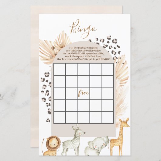 Boho野生動物の赤ちゃんシャワービンゴゲーム (正面/裏面)