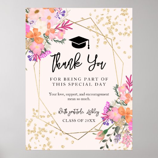 Boho金ゴールドグリッターフローラピンク卒業ありがとう ポスター (正面)