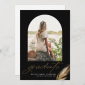 Boho金ゴールドグリッター羽毛ブラックフォト卒業 案内状 (正面/裏面)