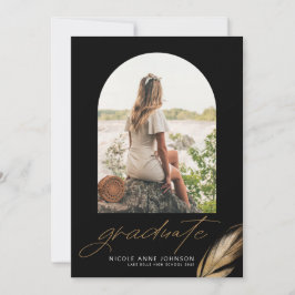 Boho金ゴールドグリッター羽毛ブラックフォト卒業 案内状