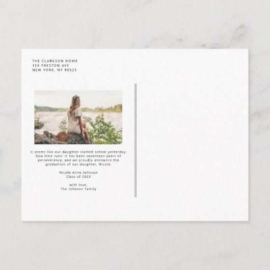 Boho金ゴールドグリッター羽毛写真卒業 案内ポストカード (裏面)