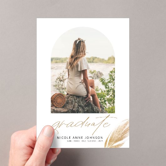 Boho金ゴールドグリッター羽毛白写真卒業 アクリル招待状 (インサイチュ (ポータブル))
