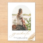 Boho金ゴールドグリッター羽毛白写真卒業 アクリル招待状 (正面)