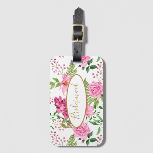 Boho金ゴールドピンクフローラ宛先ウェディングパーティー ラゲッジタグ (正面縦)