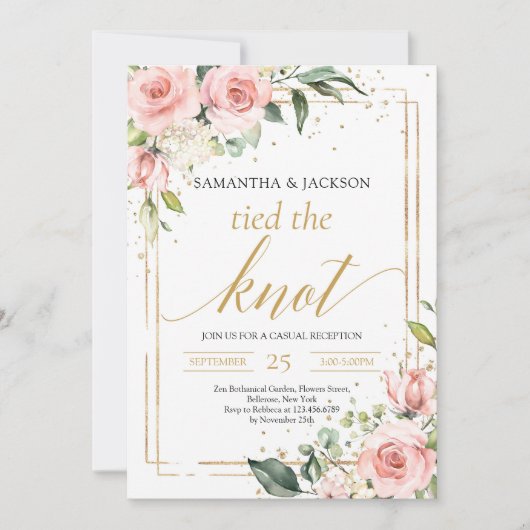 Boho金ゴールドフレーム赤面ピンクフローラ結び目 招待状 (正面)