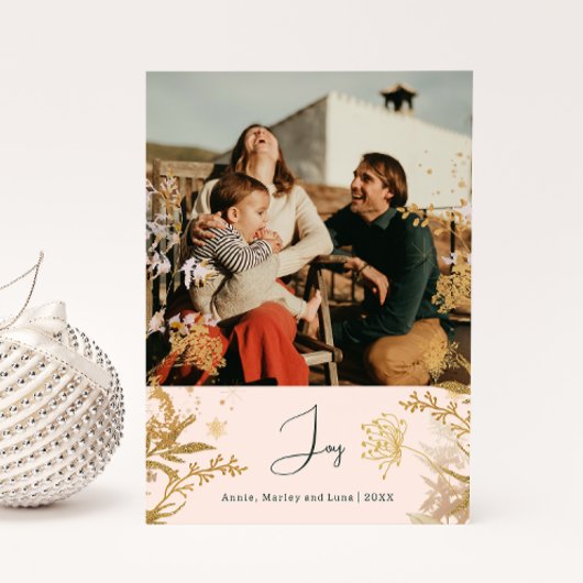 Boho金ゴールドフローラジョーピンク縦写真クリスマス シーズンカード