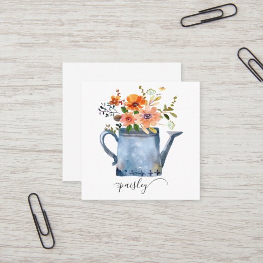 Boho錆オレンジ水色の花散水缶 スクエア名刺 (正面/裏面インサイチュ)