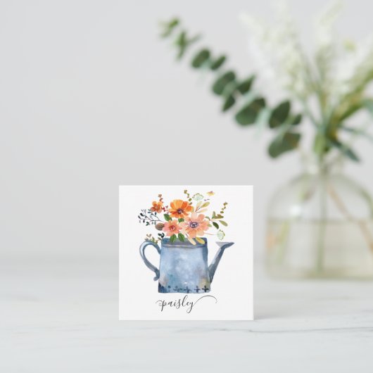 Boho錆オレンジ水色の花散水缶 スクエア名刺 (スタンド正面)