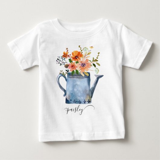 Boho錆オレンジ水色の花散水缶 ベビーTシャツ (正面)