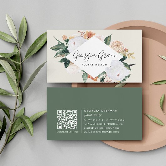 Boho開花幾何学水色フローラQRコード 名刺