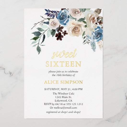 Boho青い花の乾燥葉した甘い16箔の招待客 箔招待状 (正面)