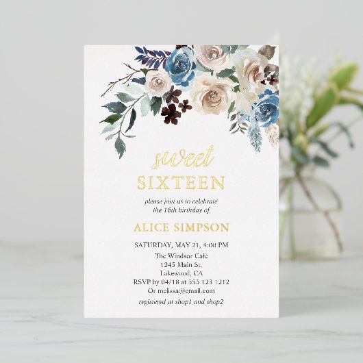 Boho青い花の乾燥葉した甘い16箔の招待客 箔招待状 (立ち正面)